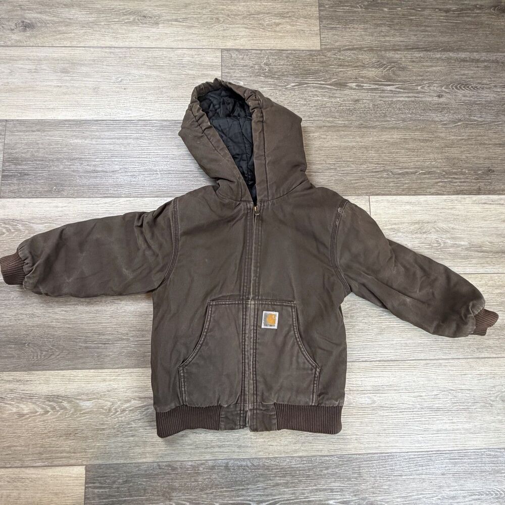 Carhartt Jacket Kids Size 7-8 Brown Hooded Canvas Winter Quilted Zip Front